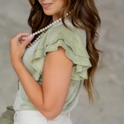 Ribbed Double Flutter Sleeve Tee -Women's Clothing Store untitled 5607