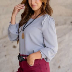 Ruffle Shoulder Cinched Long Sleeve Blouse -Women's Clothing Store untitled 5692