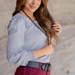 Ruffle Shoulder Cinched Long Sleeve Blouse -Women's Clothing Store untitled 5694