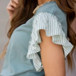Muted Stripes Ruffle Trim Tee -Women's Clothing Store untitled 5707