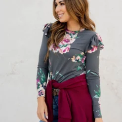 Vibrant Floral Ruffle Shoulder Tee