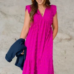 Textured Dot Ruffle Bottom V Midi Dress 37 Textured Dot Ruffle Bottom V Midi Dress -Women's Clothing Store untitled 5912