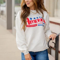 America The Beautiful Ribbed Graphic Crewneck -Women's Clothing Store untitled 5940