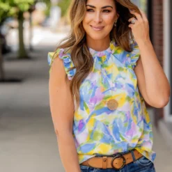 Watercolor Strokes Ruffle Trim Tank -Women's Clothing Store untitled 6172