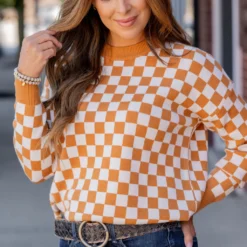 Checkered Ribbed Trim Sweater -Women's Clothing Store untitled 6237