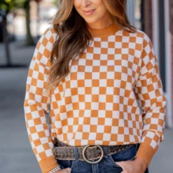 Checkered Ribbed Trim Sweater -Women's Clothing Store untitled 6244