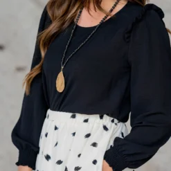 Ruffle Shoulder Cinched Long Sleeve Blouse -Women's Clothing Store untitled 6272