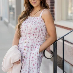 Painted Blossoms Button Accented Midi Dress -Women's Clothing Store untitled 6283