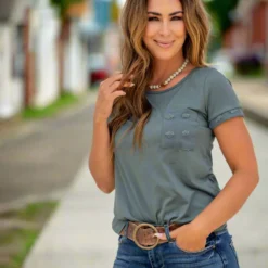 Textured Dot Trim Pocket Tee -Women's Clothing Store untitled 6286