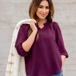 Stitched Dots 3/4 Sleeve V Blouse