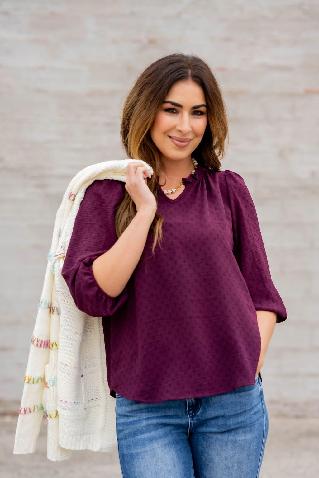 Stitched Dots 3/4 Sleeve V Blouse 1 Stitched Dots 3/4 Sleeve V Blouse