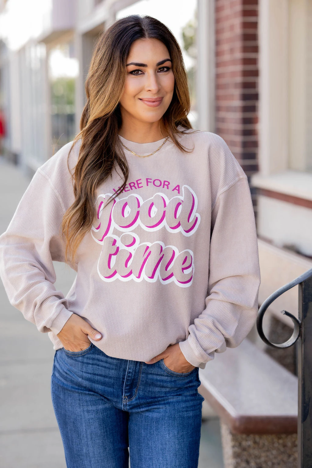 Here For A Good Time Ribbed Graphic Crewneck 1 Here For A Good Time Ribbed Graphic Crewneck