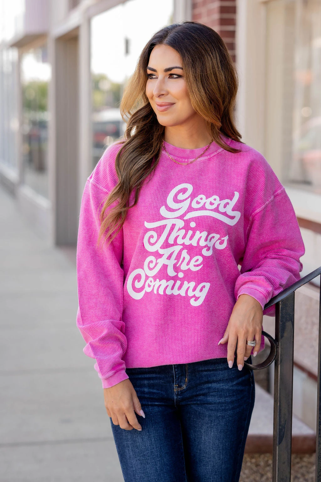 Retro Good Things Are Coming Ribbed Graphic Crewneck 1 Retro Good Things Are Coming Ribbed Graphic Crewneck