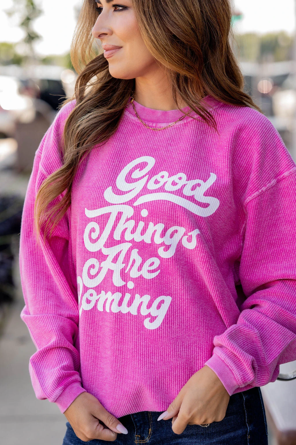 Retro Good Things Are Coming Ribbed Graphic Crewneck 6 Retro Good Things Are Coming Ribbed Graphic Crewneck - Image 6