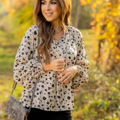 Floral Cinched Trim Tie Blouse