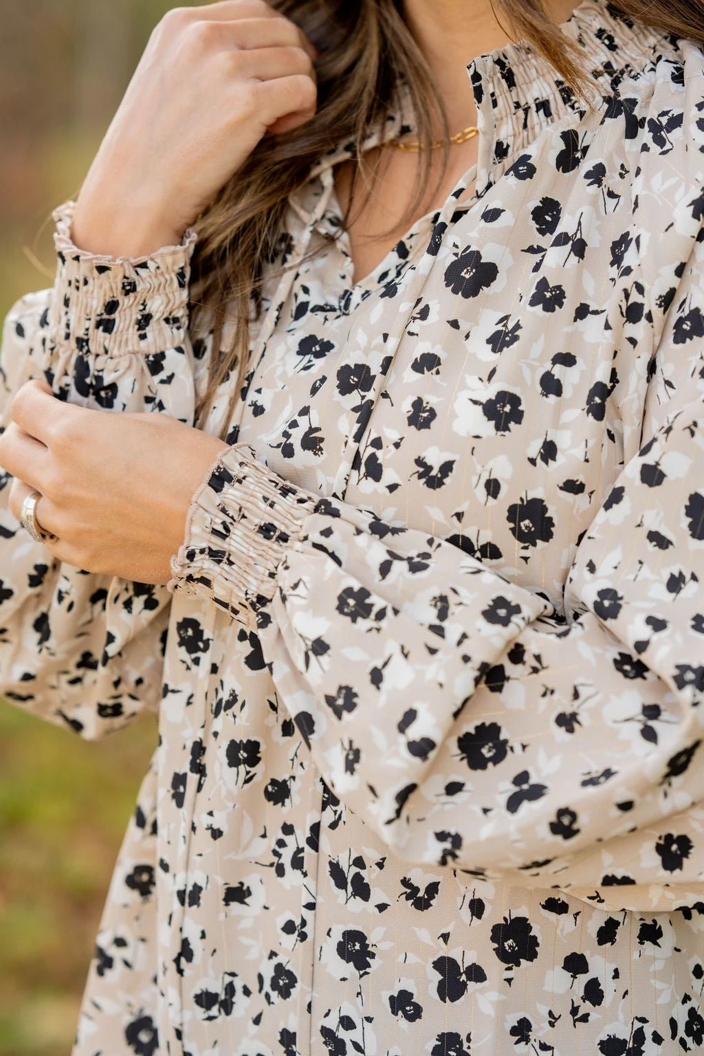 Floral Cinched Trim Tie Blouse 7 Floral Cinched Trim Tie Blouse - Image 7