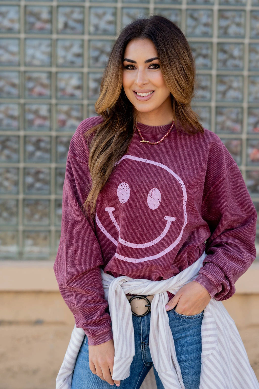 Vintage Smiley Face Ribbed Graphic Crewneck 1 Vintage Smiley Face Ribbed Graphic Crewneck
