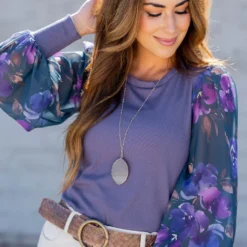 Sheer Bloom Sleeve Ribbed Tee -Women's Clothing Store untitled 6922