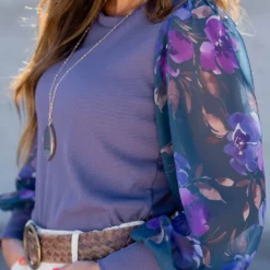 Sheer Bloom Sleeve Ribbed Tee -Women's Clothing Store untitled 6928