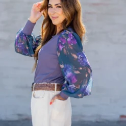 Sheer Bloom Sleeve Ribbed Tee -Women's Clothing Store untitled 6935