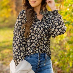 Floral Cinched Trim Tie Blouse 26 Floral Cinched Trim Tie Blouse -Women's Clothing Store untitled 6998 737113