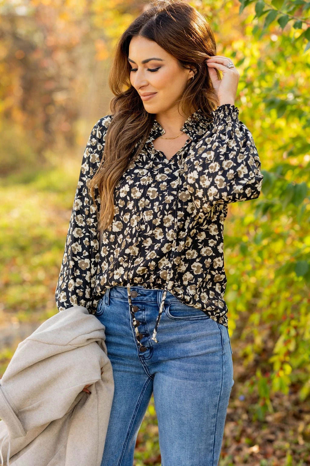 Floral Cinched Trim Tie Blouse 2 Floral Cinched Trim Tie Blouse - Image 2