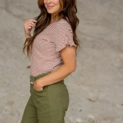 Striped Ruffle Trim Tee -Women's Clothing Store untitled 7058