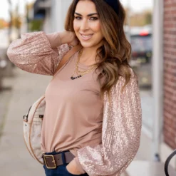 Sequin Sleeve Solid Body Blouse -Women's Clothing Store untitled 7186
