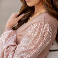 Sequin Sleeve Solid Body Blouse -Women's Clothing Store untitled 7195