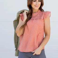 Specked Smocked Flutter Blouse -Women's Clothing Store untitled 7308