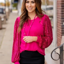 Sequin Sleeve Solid Body Blouse