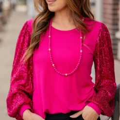 Sequin Sleeve Solid Body Blouse -Women's Clothing Store untitled 7429