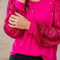 Sequin Sleeve Solid Body Blouse -Women's Clothing Store untitled 7442