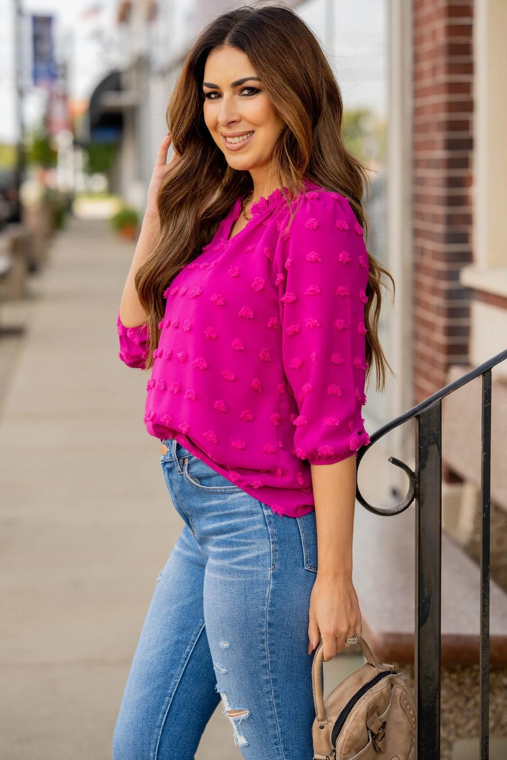 Textured Dot 3/4 Sleeve V Blouse 15 Textured Dot 3/4 Sleeve V Blouse - Image 15