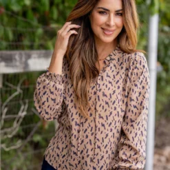 Brush Stroke Cinched Trim Tie Blouse -Women's Clothing Store untitled 8155