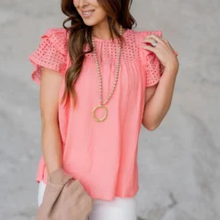 Eyelet Double Flutter Trim Blouse -Women's Clothing Store untitled 8183