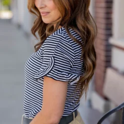 Striped Ruffle Trim Tee -Women's Clothing Store untitled 8229