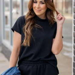 Subtle Ribbed Mock Neck Tee -Women's Clothing Store untitled 8576