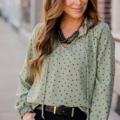 Polka Dottie Cinched Trim Blouse
