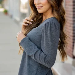 Ribbed Gathered Shoulder Tee -Women's Clothing Store untitled 8745 980406