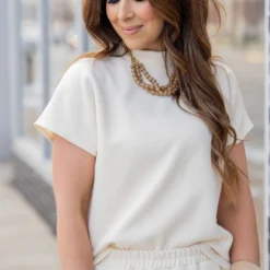 Subtle Ribbed Mock Neck Tee -Women's Clothing Store untitled 8778