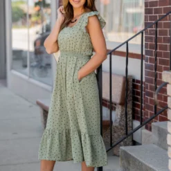 Polka Dottie Ruffle Trim Midi Dress