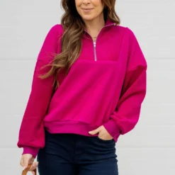 Ribbed Sleeve Quarter Zip Pullover -Women's Clothing Store untitled 9030