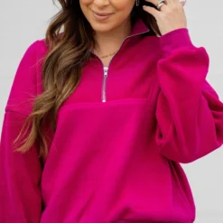 Ribbed Sleeve Quarter Zip Pullover -Women's Clothing Store untitled 9036