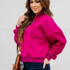 Ribbed Sleeve Quarter Zip Pullover -Women's Clothing Store untitled 9048