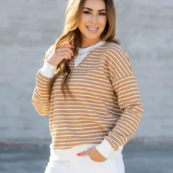Striped Solid Trim Waffle Sweatshirt -Women's Clothing Store untitled 9151
