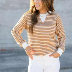 Striped Solid Trim Waffle Sweatshirt -Women's Clothing Store untitled 9152
