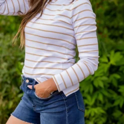 Classic Striped Side Slit Long Sleeve Tee -Women's Clothing Store untitled 9183