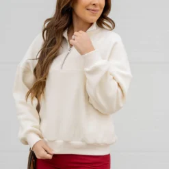 Ribbed Sleeve Quarter Zip Pullover -Women's Clothing Store untitled 9190