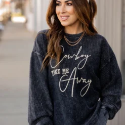Cowboy Take Me Away Side Slit Ribbed Graphic Crewneck